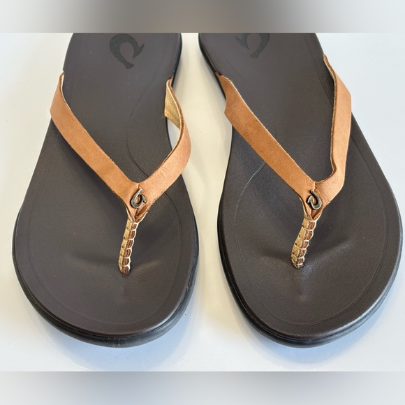 Olukai Ho'opio Flip Flops Women's 6/36 Brown Leather Thong Sandals Slip On Flats - Picture 13 of 15